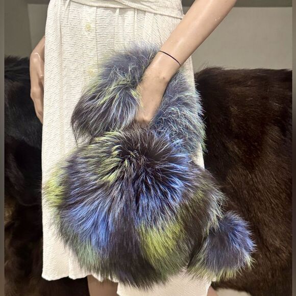 Colorful Real Fox Fur Handmade Round Bag, Includes 2 Strap and Fur Ball Chains - Picture 3 of 17